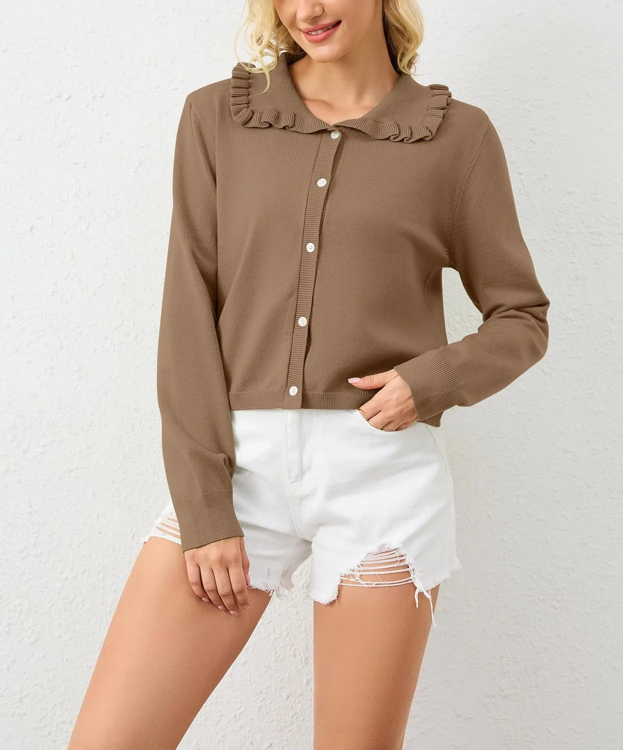 Women Button Dwon Long Sleebe Ruffle Lapel Solid Loose Sweater Cardigan Open Front Knit Cardigans Jacket
