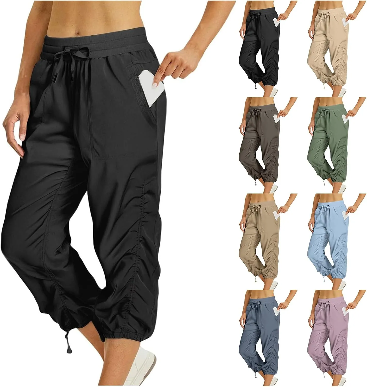 Women Capri Pants Wide Leg Cropped Pants Drawstring Elastic High Waist Pant Casual Baggy Jogger Quick Dry Flowy Trouser