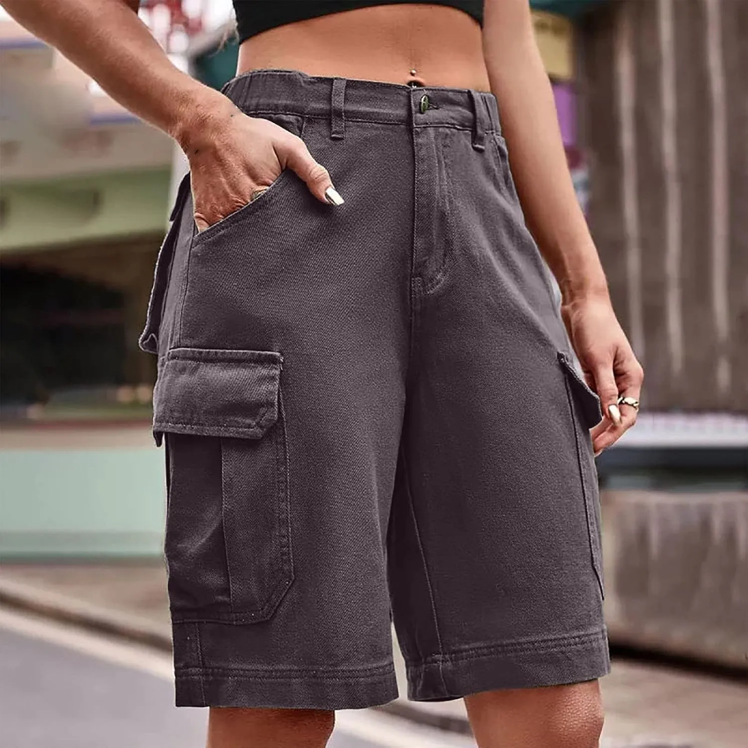 Women Cargo Jean Bermuda Shorts Knee Length Multi-Pockets Pull On Denim Short High Waisted Stretchy Hiking Golf Jorts