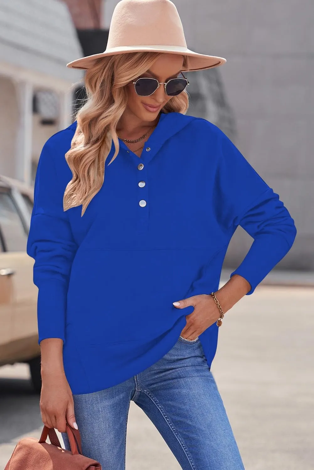 Women Causal Long Sleeve Hoodie Oversied Button Collar V Neck Sweatshirt Trendy Pullover Tops With Pockets Fashion 2024