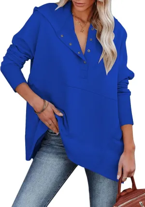Women Causal Long Sleeve Hoodie Oversied Button Collar V Neck Sweatshirt Trendy Pullover Tops With Pockets Fashion 2024