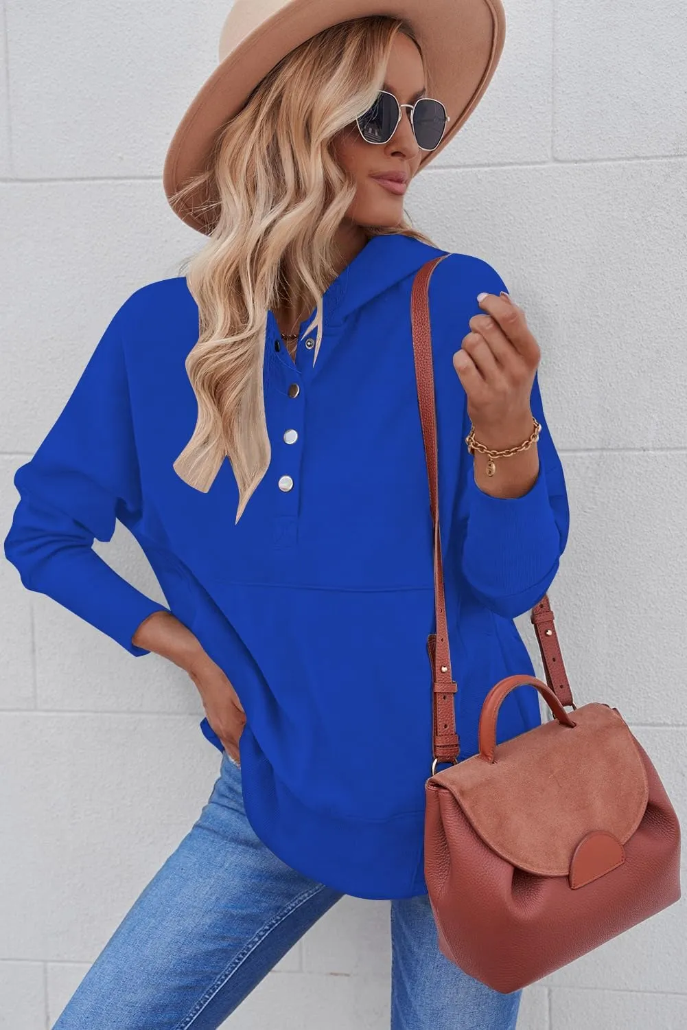 Women Causal Long Sleeve Hoodie Oversied Button Collar V Neck Sweatshirt Trendy Pullover Tops With Pockets Fashion 2024