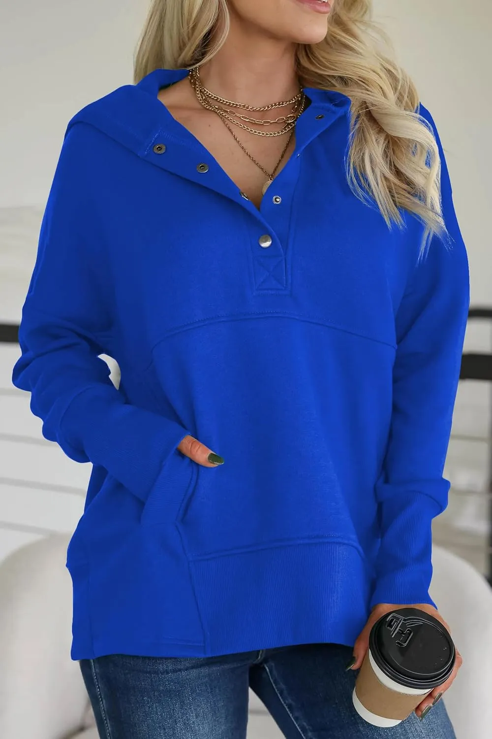 Women Causal Long Sleeve Hoodie Oversied Button Collar V Neck Sweatshirt Trendy Pullover Tops With Pockets Fashion 2024