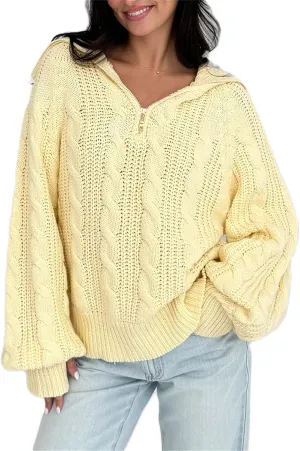 Women Comfy Chunky Cable Knit Sweater Long Sleeve Quarter Zip Pullover Jumper Fall Trendy Going Out Tops Knitwear