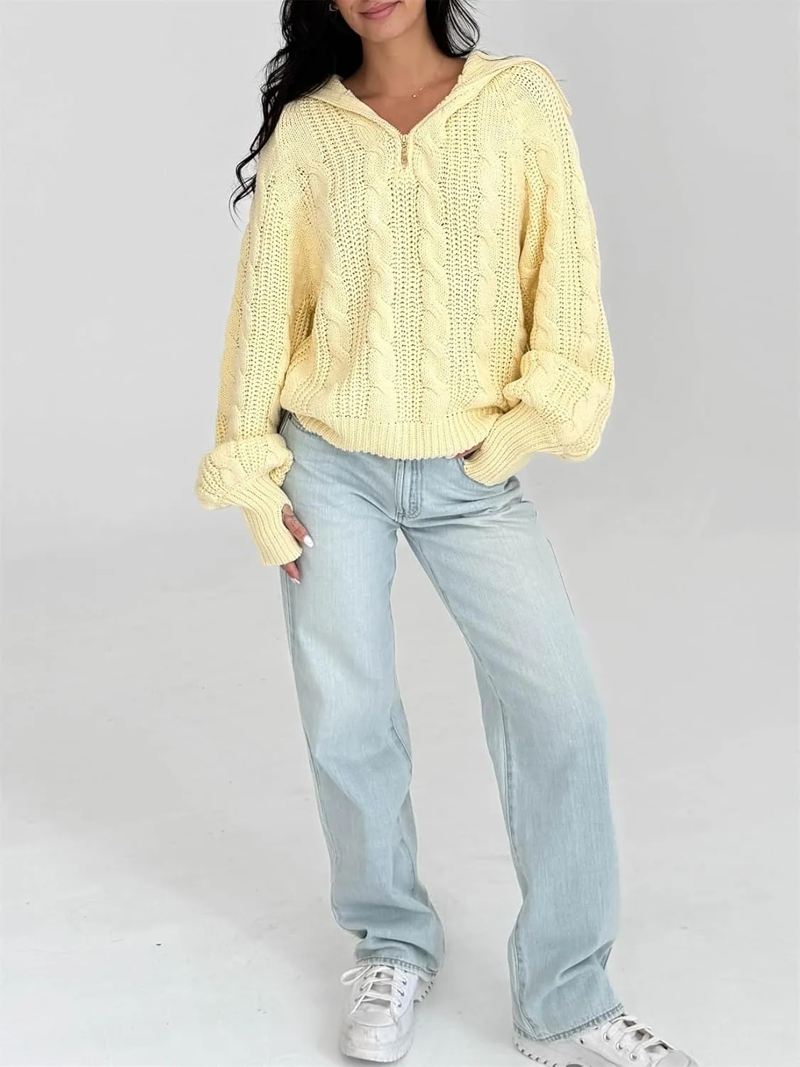 Women Comfy Chunky Cable Knit Sweater Long Sleeve Quarter Zip Pullover Jumper Fall Trendy Going Out Tops Knitwear