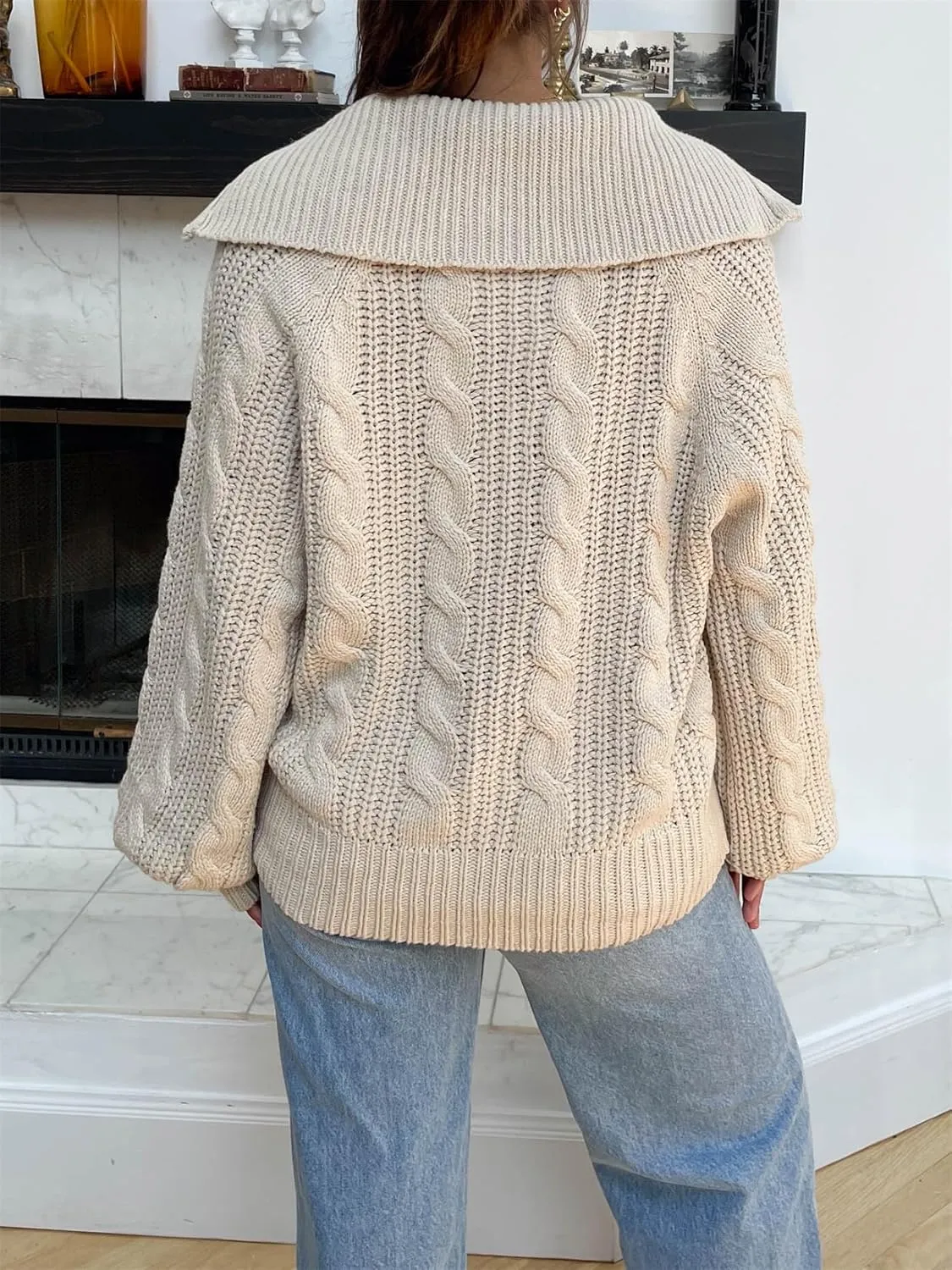 Women Comfy Chunky Cable Knit Sweater Long Sleeve Quarter Zip Pullover Jumper Fall Trendy Going Out Tops Knitwear