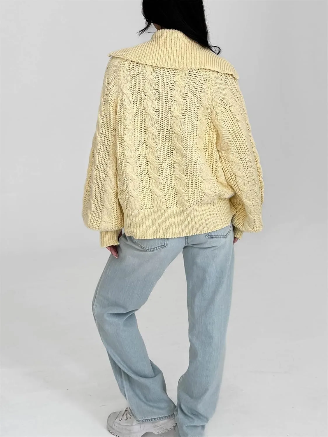 Women Comfy Chunky Cable Knit Sweater Long Sleeve Quarter Zip Pullover Jumper Fall Trendy Going Out Tops Knitwear