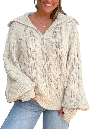 Women Comfy Chunky Cable Knit Sweater Long Sleeve Quarter Zip Pullover Jumper Fall Trendy Going Out Tops Knitwear