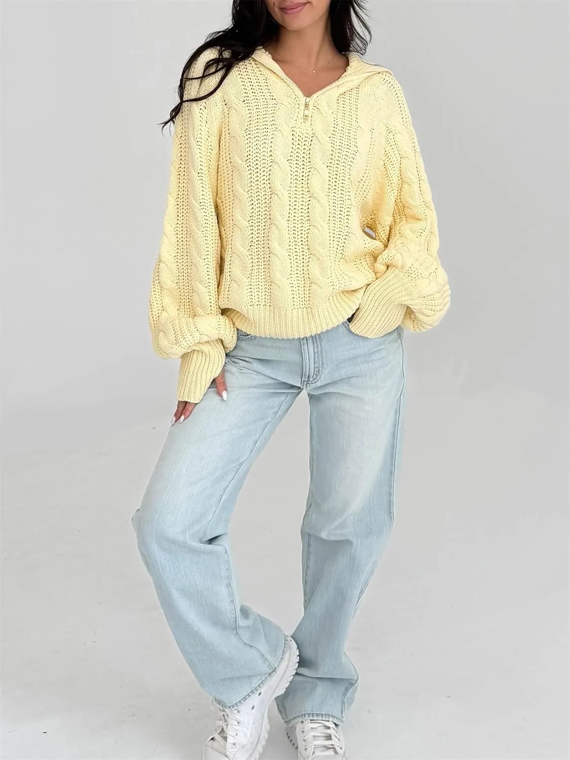 Women Comfy Chunky Cable Knit Sweater Long Sleeve Quarter Zip Pullover Jumper Fall Trendy Going Out Tops Knitwear