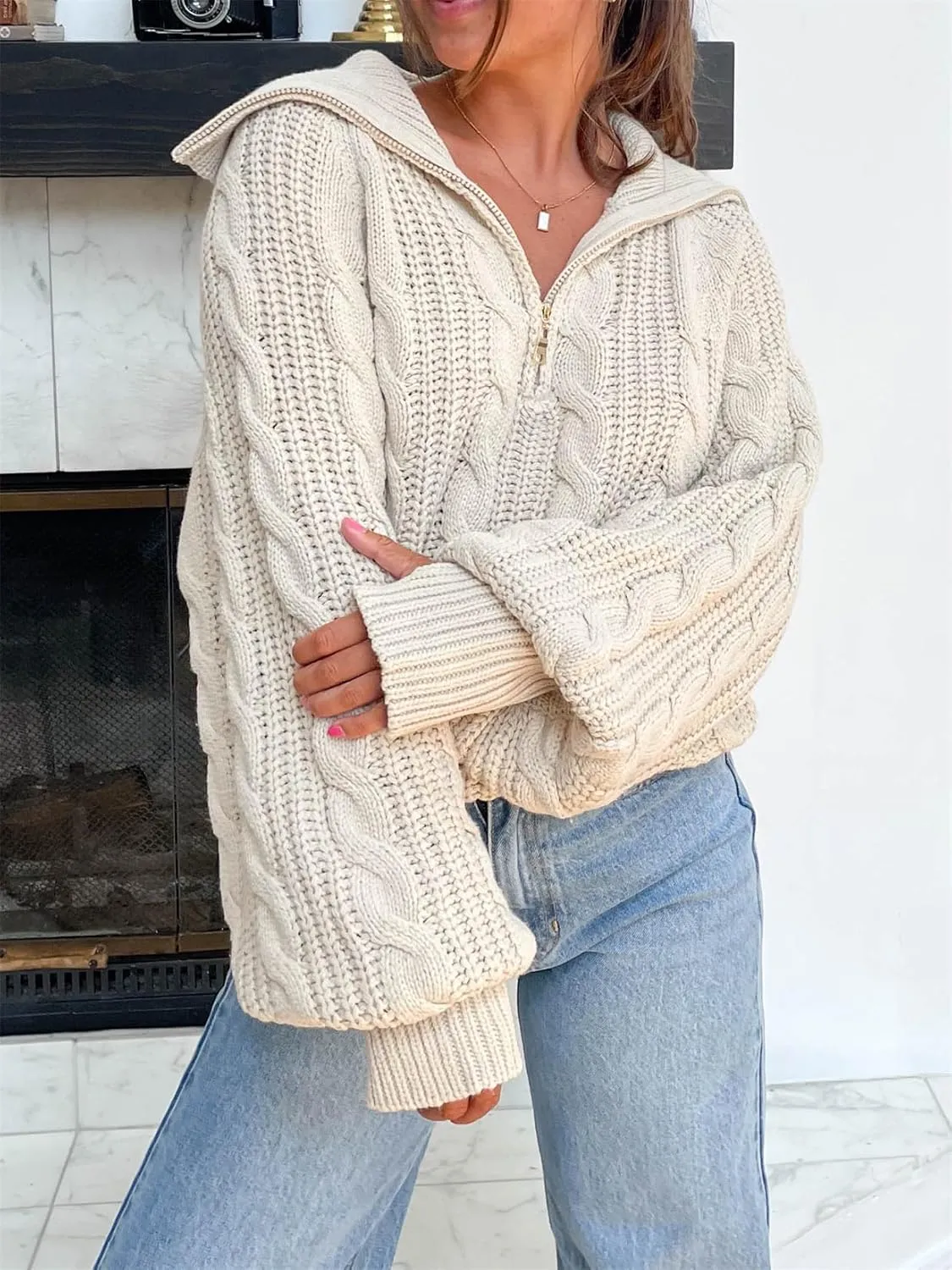 Women Comfy Chunky Cable Knit Sweater Long Sleeve Quarter Zip Pullover Jumper Fall Trendy Going Out Tops Knitwear