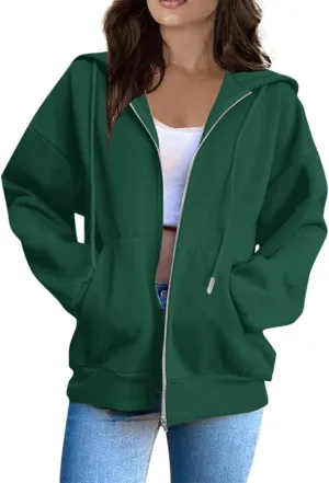 Women Fleece Full Zip Up Hoodie Baggy Drawstring Zipper Sweatshirt Jacket Lightweight Comfy Fall Winter Outfits Coats