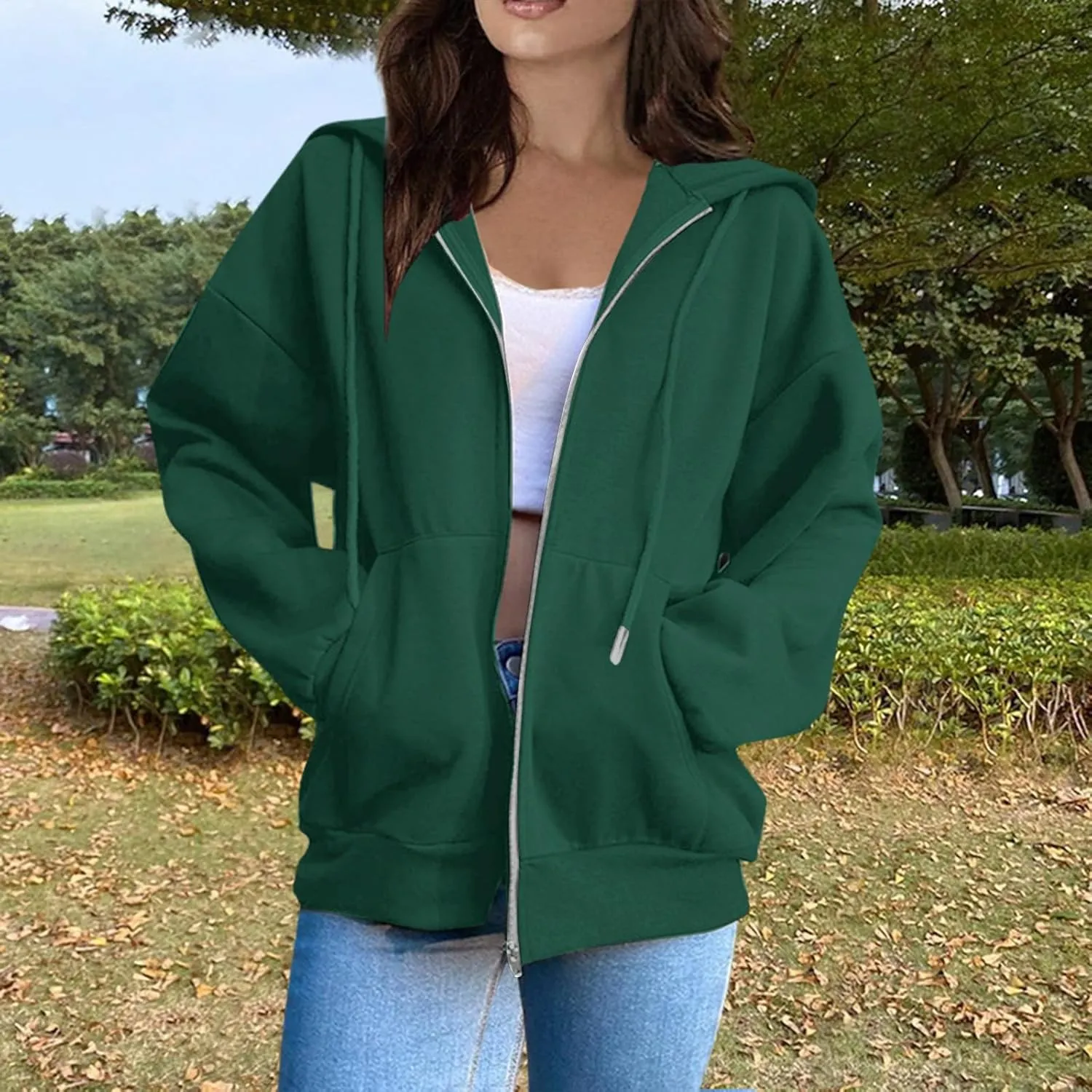 Women Fleece Full Zip Up Hoodie Baggy Drawstring Zipper Sweatshirt Jacket Lightweight Comfy Fall Winter Outfits Coats