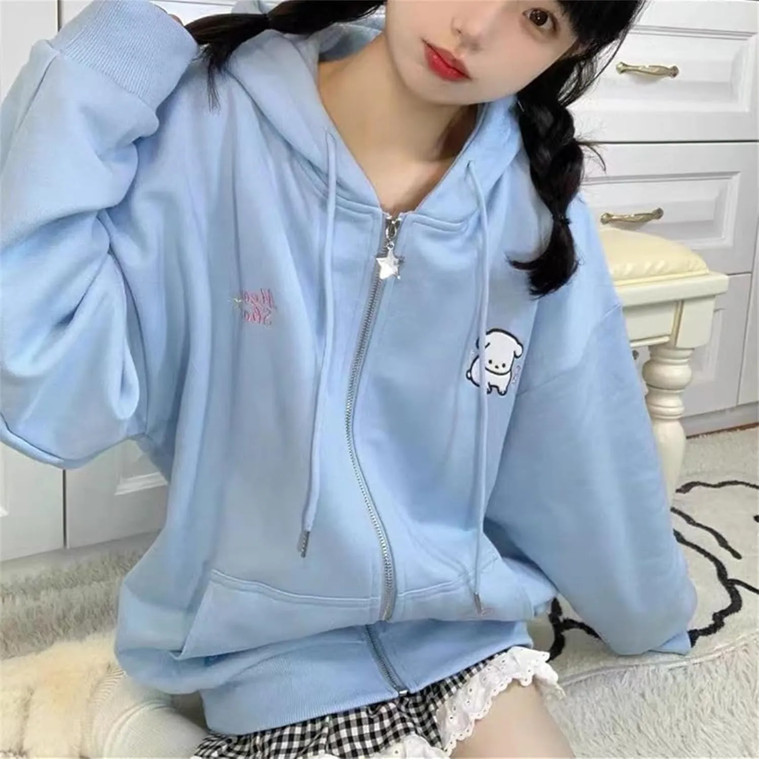 Women Kawaii Oversized Zip Up Hoodie Cute Cartoon Embroidery Casual Pullover Sweatshirt Harajuku Casual Streetwear