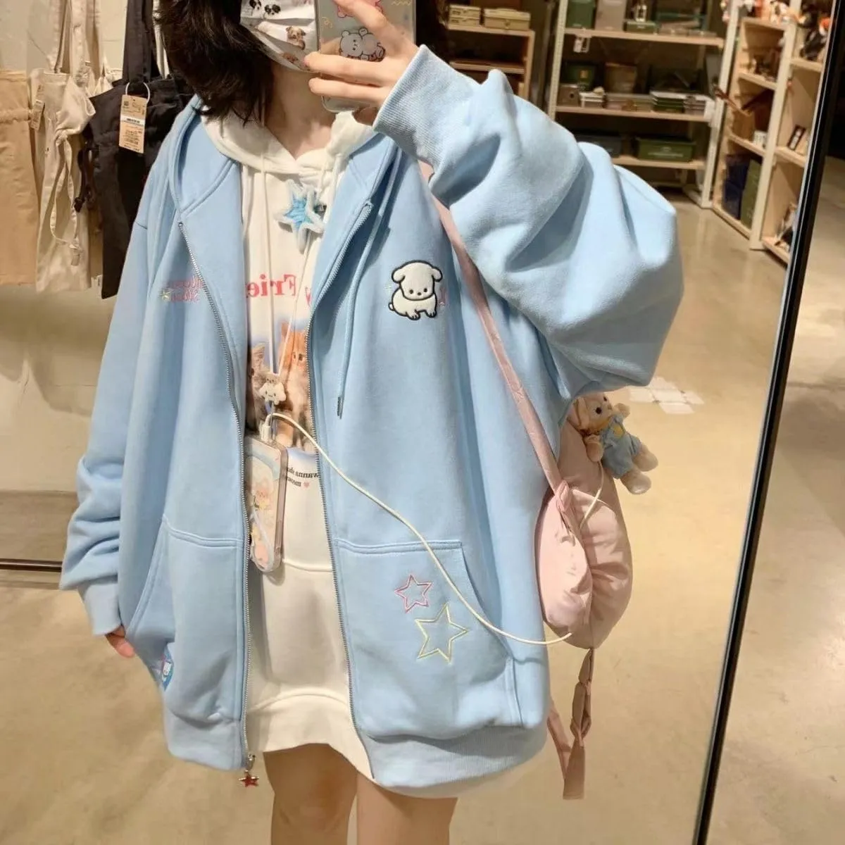 Women Kawaii Oversized Zip Up Hoodie Cute Cartoon Embroidery Casual Pullover Sweatshirt Harajuku Casual Streetwear