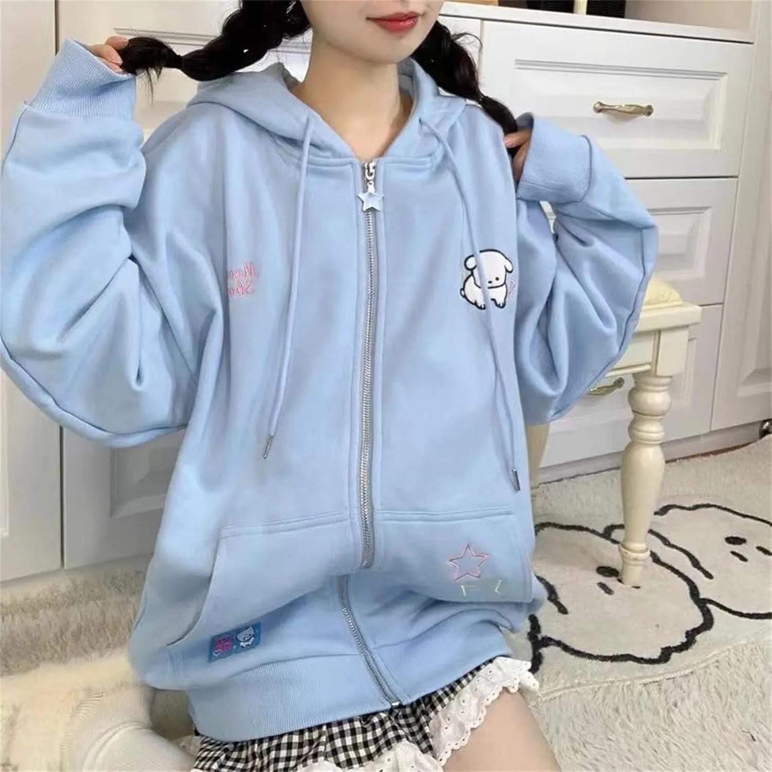 Women Kawaii Oversized Zip Up Hoodie Cute Cartoon Embroidery Casual Pullover Sweatshirt Harajuku Casual Streetwear