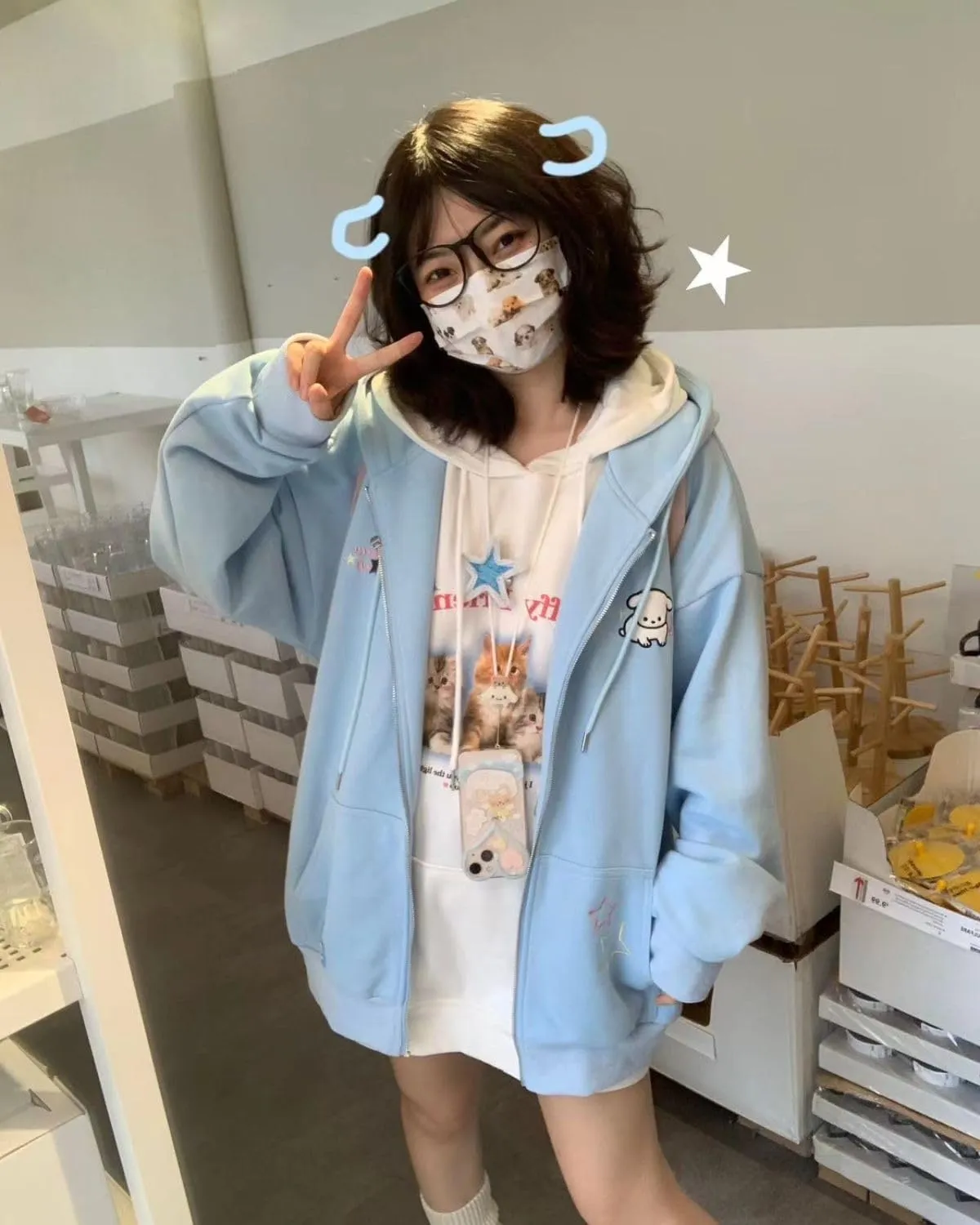 Women Kawaii Oversized Zip Up Hoodie Cute Cartoon Embroidery Casual Pullover Sweatshirt Harajuku Casual Streetwear