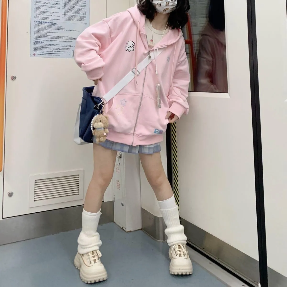 Women Kawaii Oversized Zip Up Hoodie Cute Cartoon Embroidery Casual Pullover Sweatshirt Harajuku Casual Streetwear