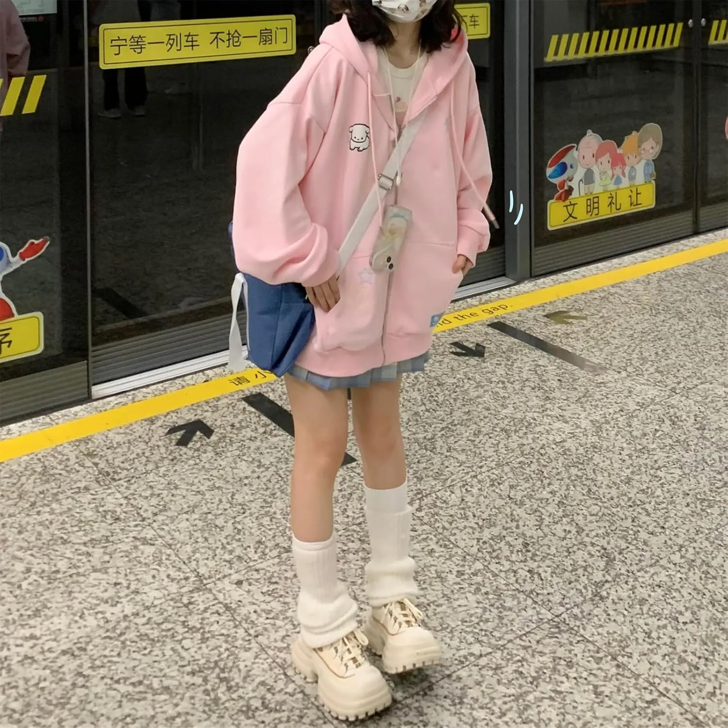 Women Kawaii Oversized Zip Up Hoodie Cute Cartoon Embroidery Casual Pullover Sweatshirt Harajuku Casual Streetwear