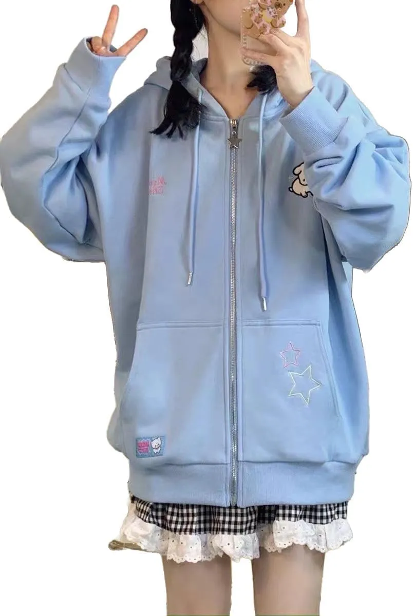Women Kawaii Oversized Zip Up Hoodie Cute Cartoon Embroidery Casual Pullover Sweatshirt Harajuku Casual Streetwear