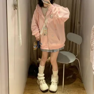 Women Kawaii Oversized Zip Up Hoodie Cute Cartoon Embroidery Casual Pullover Sweatshirt Harajuku Casual Streetwear