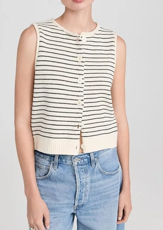 Women Knit Sweater Vest Lightweight Button Down Crew Neck Slim Fitted Sleeveless Cardigan Crop Tank Tops