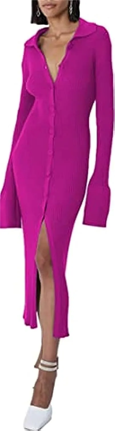 Women Knitted Sweater Single Breasted Lapel Cardigan Long Sleeve Dress