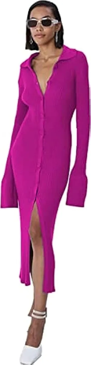 Women Knitted Sweater Single Breasted Lapel Cardigan Long Sleeve Dress