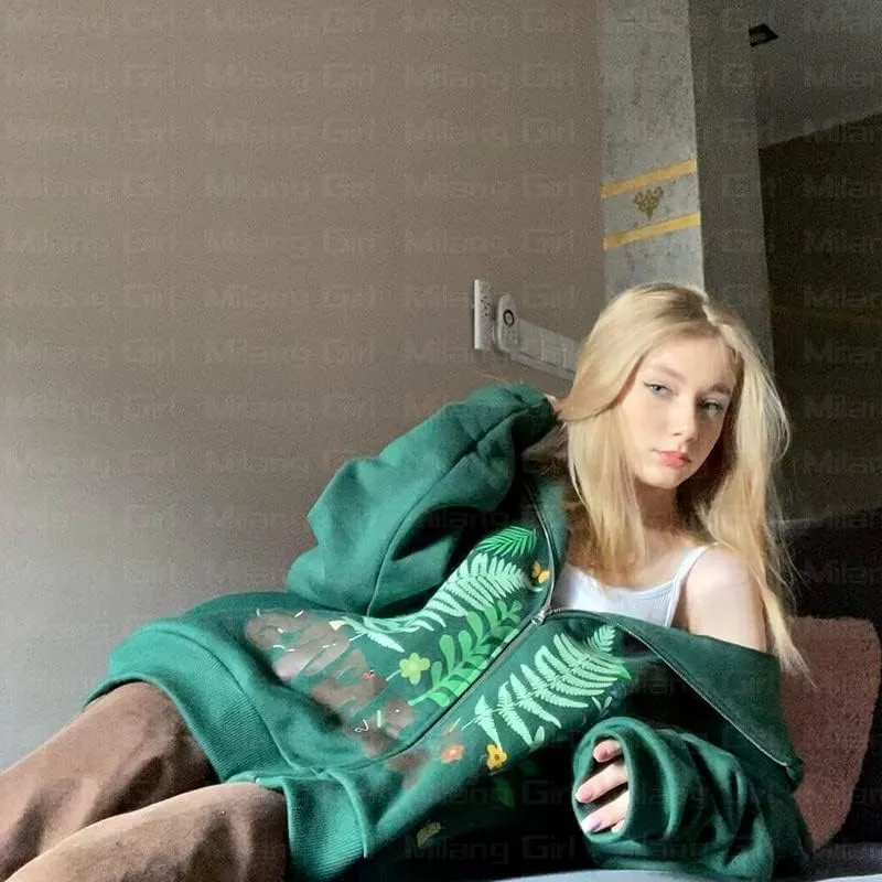 Women Men Oversized Y2K Zip Up Sweatshirt Hoodie Jacket Halloween Skeleton Print Coat Aesthetic Streetwear Top