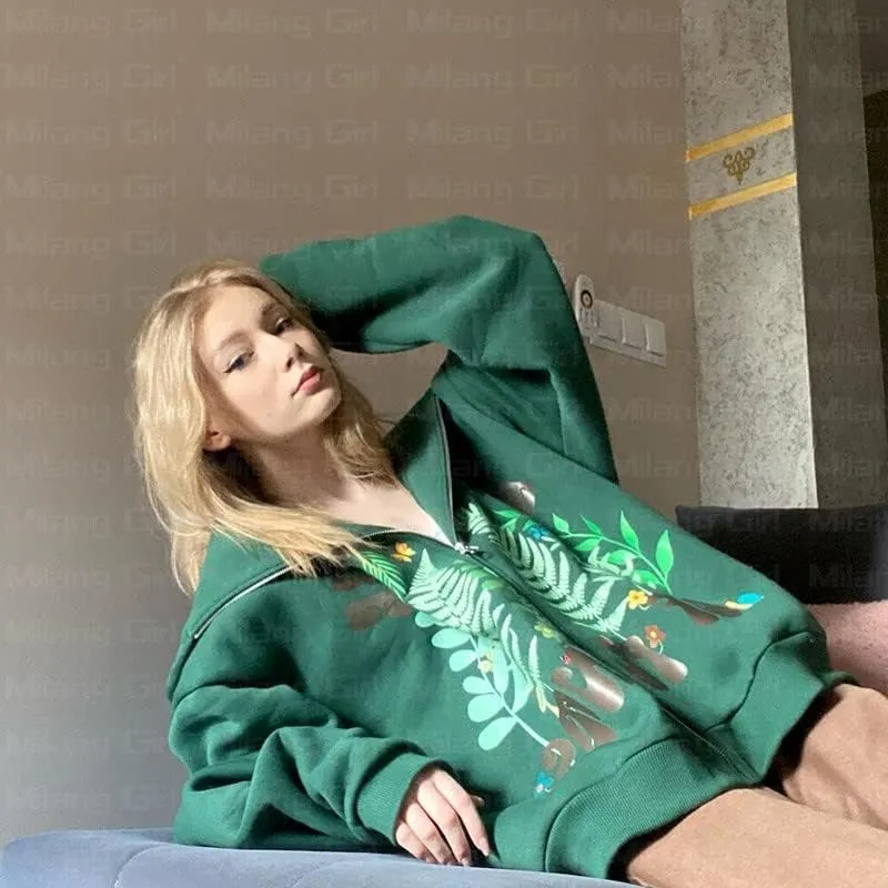 Women Men Oversized Y2K Zip Up Sweatshirt Hoodie Jacket Halloween Skeleton Print Coat Aesthetic Streetwear Top
