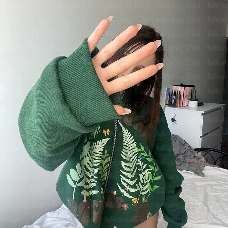 Women Men Oversized Y2K Zip Up Sweatshirt Hoodie Jacket Halloween Skeleton Print Coat Aesthetic Streetwear Top
