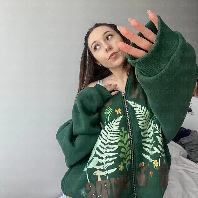 Women Men Oversized Y2K Zip Up Sweatshirt Hoodie Jacket Halloween Skeleton Print Coat Aesthetic Streetwear Top