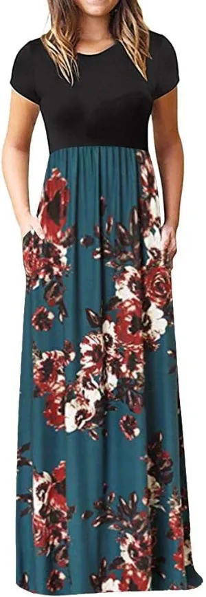 Women Plain Maxi Dresses 2025 Summer Short Sleeve Loose Casual Beach Long Dresses with Pockets