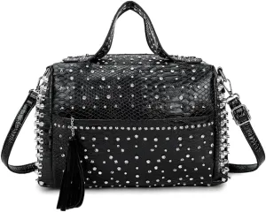 Women Rivet Top-handle Satchel PU Tote Purse Snake Pattern Shoulder Bags Handbag
