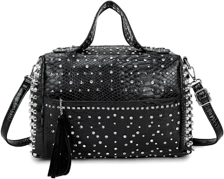 Women Rivet Top-handle Satchel PU Tote Purse Snake Pattern Shoulder Bags Handbag