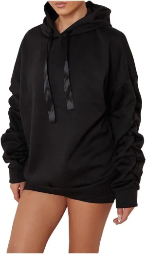 Women Ruched Sleeve Pullover Hoodie With Ribbon Ladies Oversized Hooded Sweatshirt