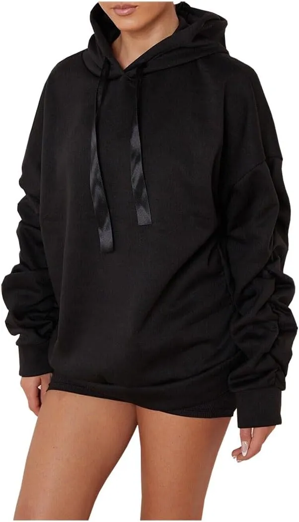 Women Ruched Sleeve Pullover Hoodie With Ribbon Ladies Oversized Hooded Sweatshirt