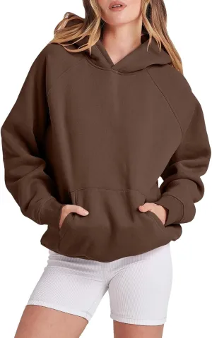 Women Solid Basic Loose Hoodie Fleece Long Sleeve Pocket Drop Shoulder Pullovers Oversized Hooded Sweatshirts Top