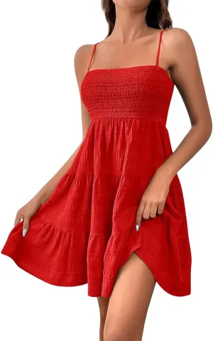 Women Summer Dresses Square Neck Spaghetti Strap Dress Casual Sleeveless Smocked Sundress A Line Tiered Beach Outfits