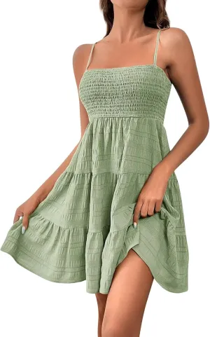 Women Summer Dresses Square Neck Spaghetti Strap Dress Casual Sleeveless Smocked Sundress A Line Tiered Beach Outfits