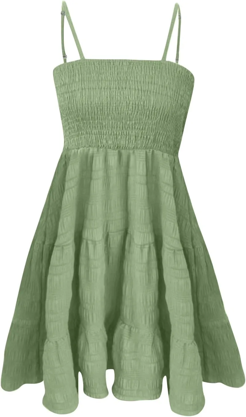 Women Summer Dresses Square Neck Spaghetti Strap Dress Casual Sleeveless Smocked Sundress A Line Tiered Beach Outfits