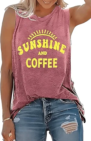 Women Sunshine and Coffee Graphic Tank Tops Crew Neck Muscle Funny Family Vacation Sleeveless Tank Tee Top