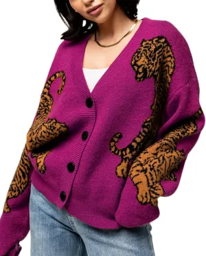 Women Tiger Print Cardigan Sweater Long Sleeve Button Down Knitwear Loose Fit Cropped Cardigan Cute Fall Streetwear