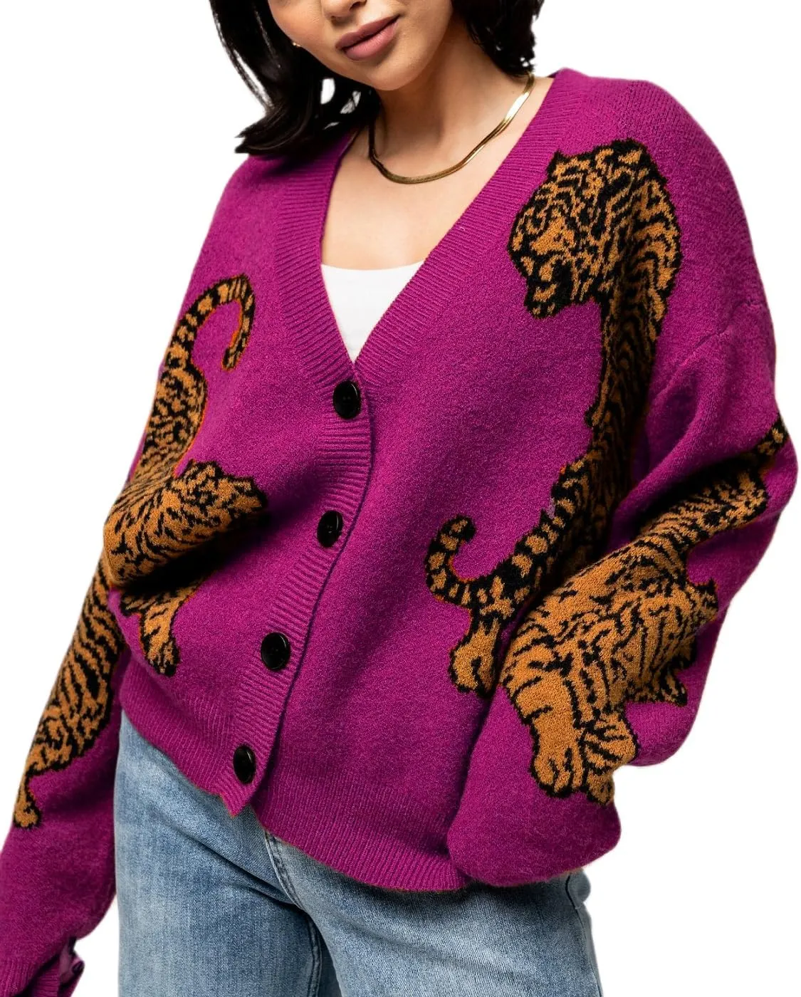 Women Tiger Print Cardigan Sweater Long Sleeve Button Down Knitwear Loose Fit Cropped Cardigan Cute Fall Streetwear