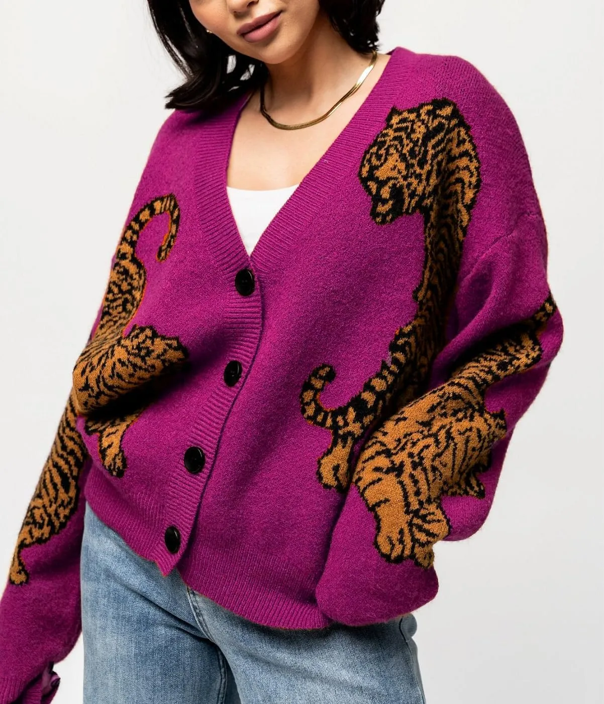 Women Tiger Print Cardigan Sweater Long Sleeve Button Down Knitwear Loose Fit Cropped Cardigan Cute Fall Streetwear