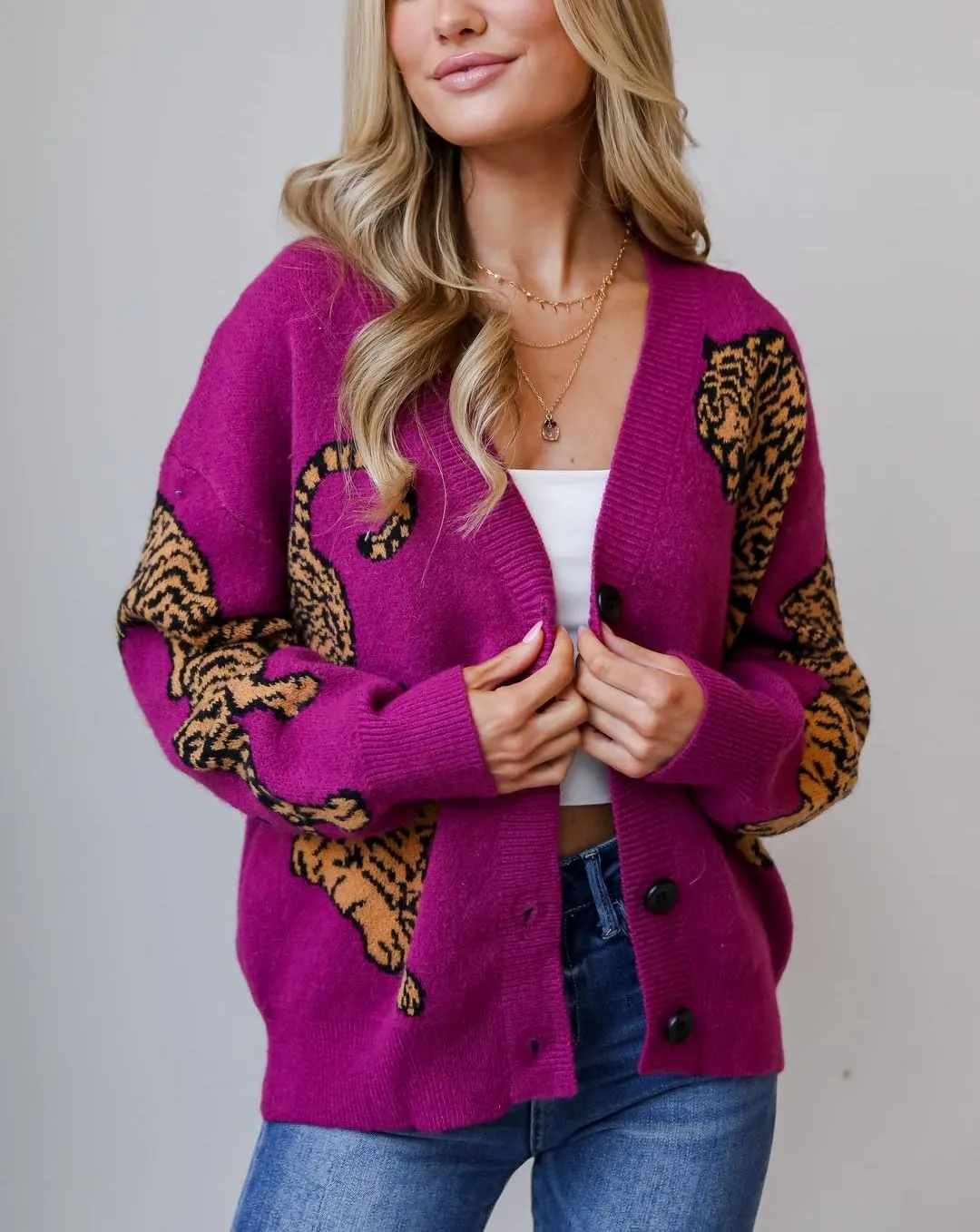 Women Tiger Print Cardigan Sweater Long Sleeve Button Down Knitwear Loose Fit Cropped Cardigan Cute Fall Streetwear