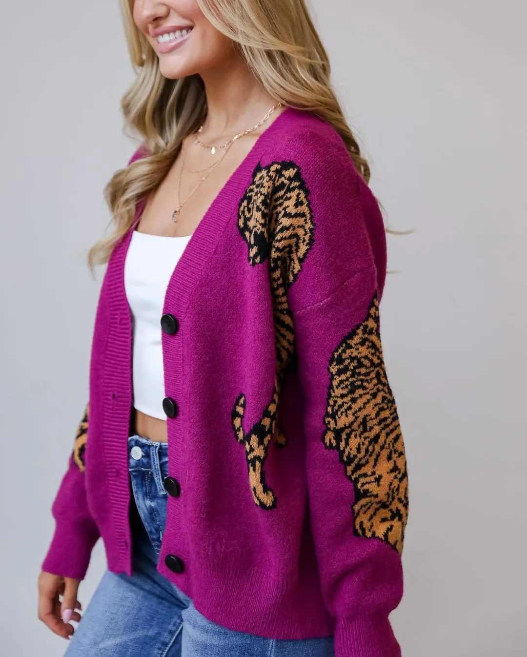 Women Tiger Print Cardigan Sweater Long Sleeve Button Down Knitwear Loose Fit Cropped Cardigan Cute Fall Streetwear