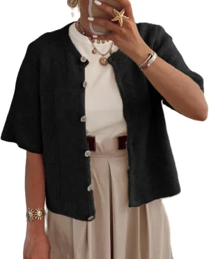 Women Y2K Button Down Sweater Cardigan Knit Crew Neck Short Sleeve Open Front Sweater Lightweight Knitwear Crop Top