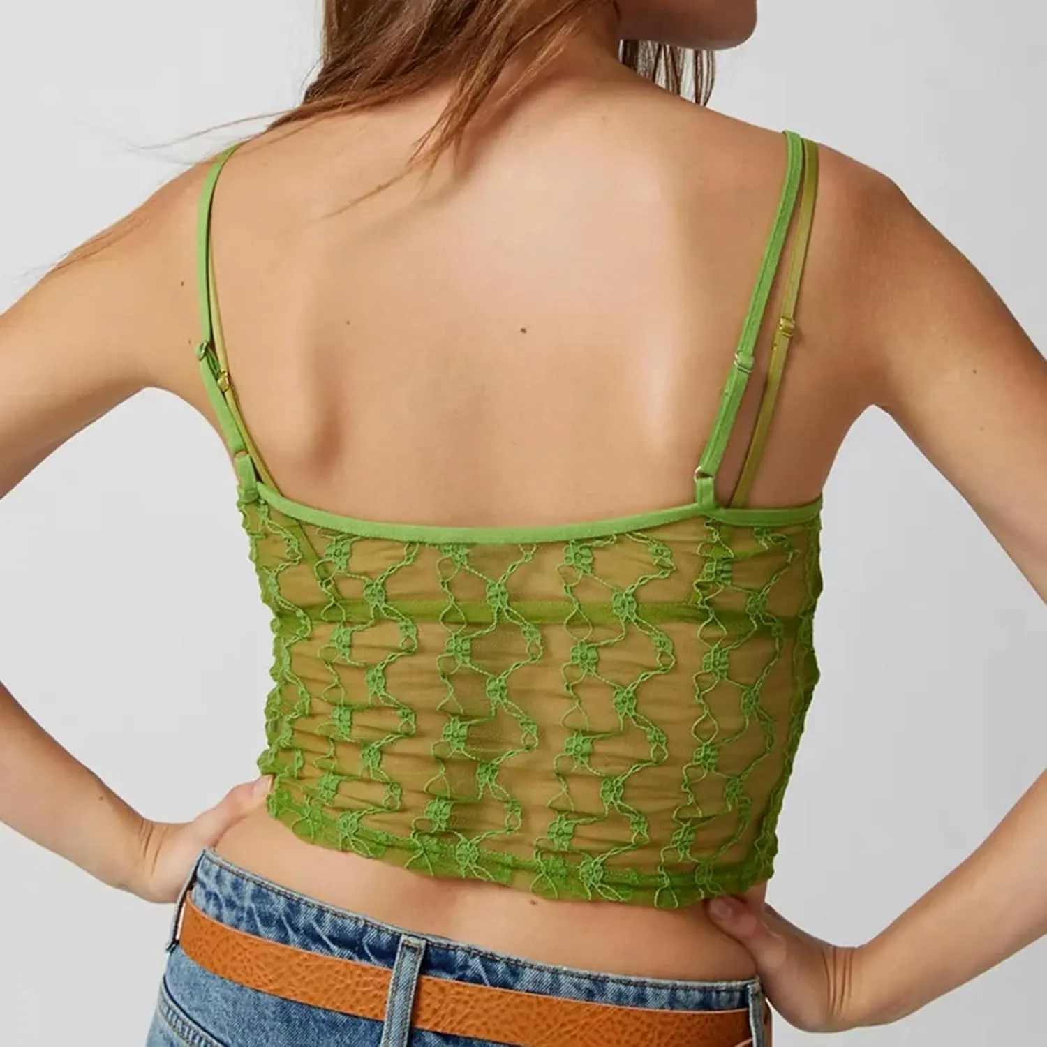 Women Y2k Lace Camisole Crop Tops Sexy Spaghetti Strap See Through Cami Sheer Mesh Going Out Tank Top