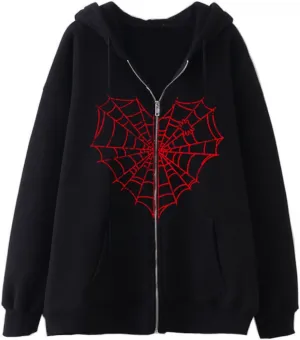 Women Y2K Zip Up Hoodie Spider Web Graphic Gothic Grunge Oversized Streetwear Hooded Sweatshirt Punk Emo Jacket Alt Clothes