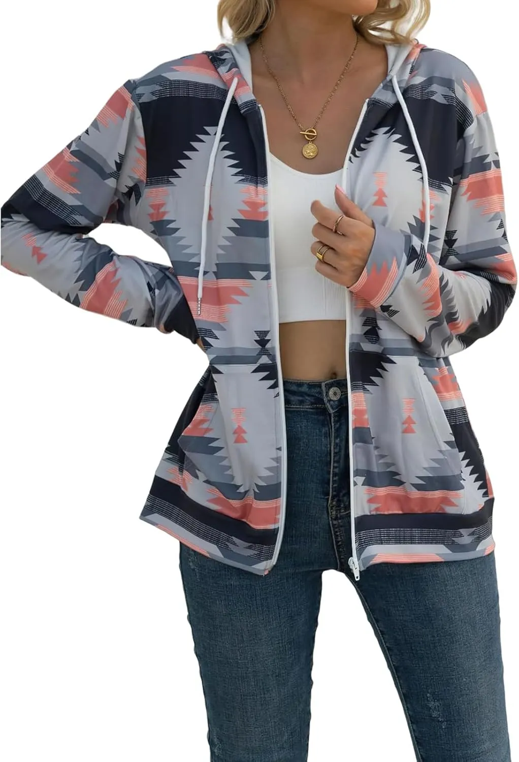 Women's Aztec Pattern Western Coats Ethnic Style Hooded Sweatshirts Casual Long Sleeve Zip Up Vintage Jackets